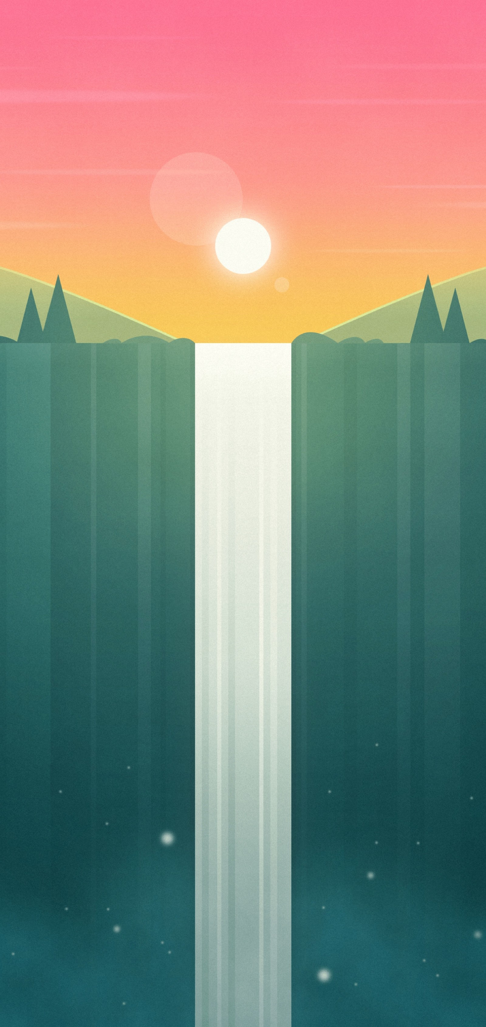 Il y a une cascade au milieu d'une montagne avec un coucher de soleil (animation, paysage, lever de soleil, coucher de soleil, horizon)