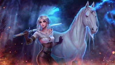 Ciri, the fierce warrior from "The Witcher 3: Wild Hunt," stands confidently with her sword beside a glowing unicorn in a mystical forest.