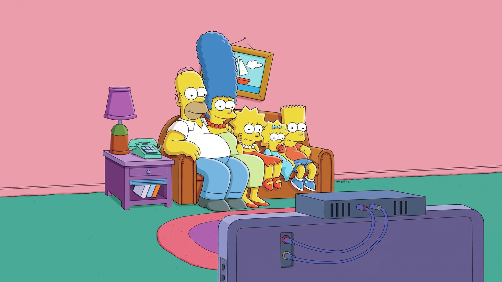 Un dibujo animado de una familia sentada en un sofá viendo televisión (homer simpson, caricatura, ilustración, arte, episodio)