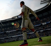 Cristiano Ronaldo celebra um gol no Estádio Santiago Bernabéu, vestindo a icônica camisa do Real Madrid.