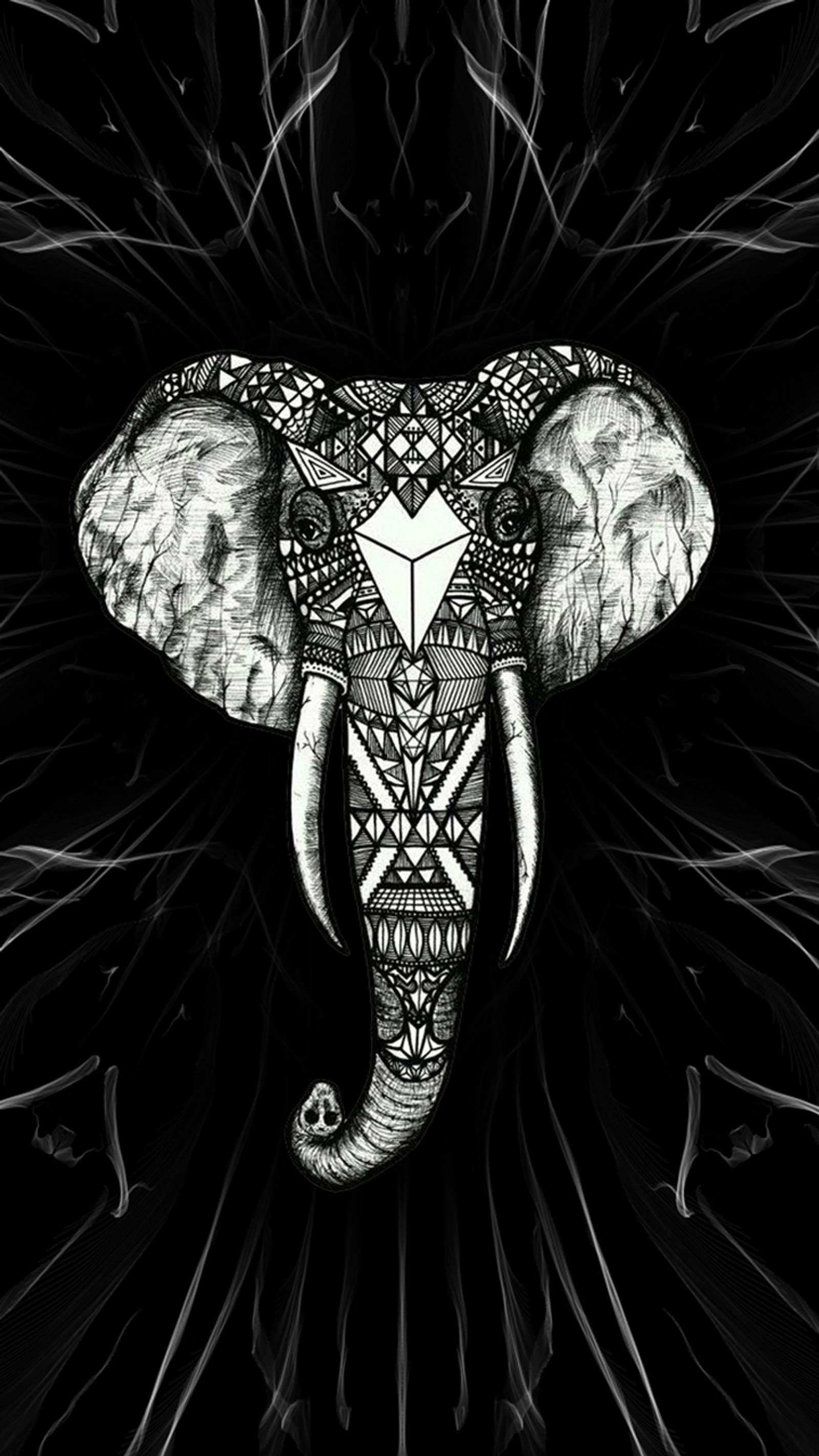 A close up of an elephant with a pattern on its head (art, black, elephant)