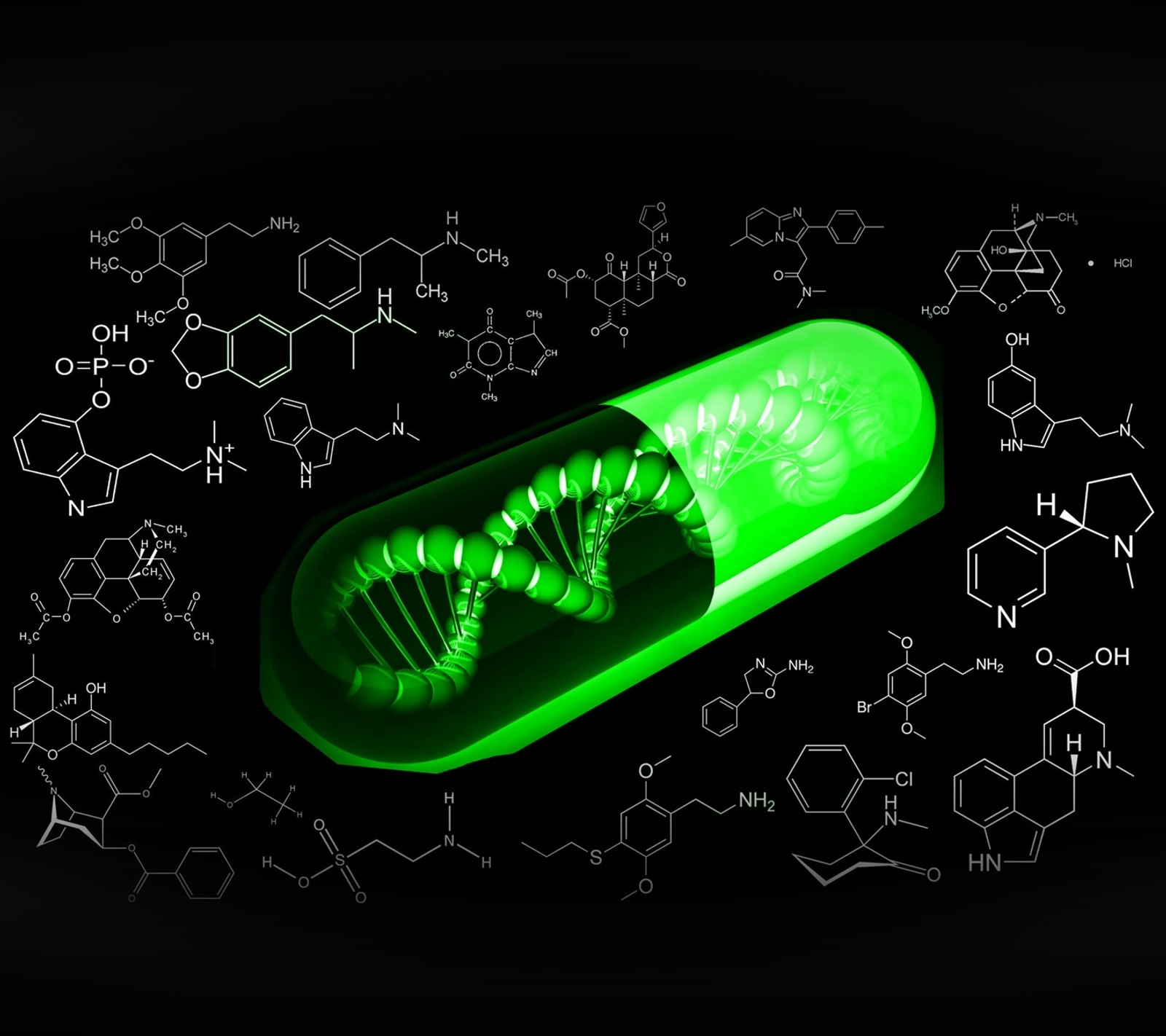 Acercamiento de una pastilla verde con un modelo de adn en su interior (adn, molécula, pastilla, ciencia)