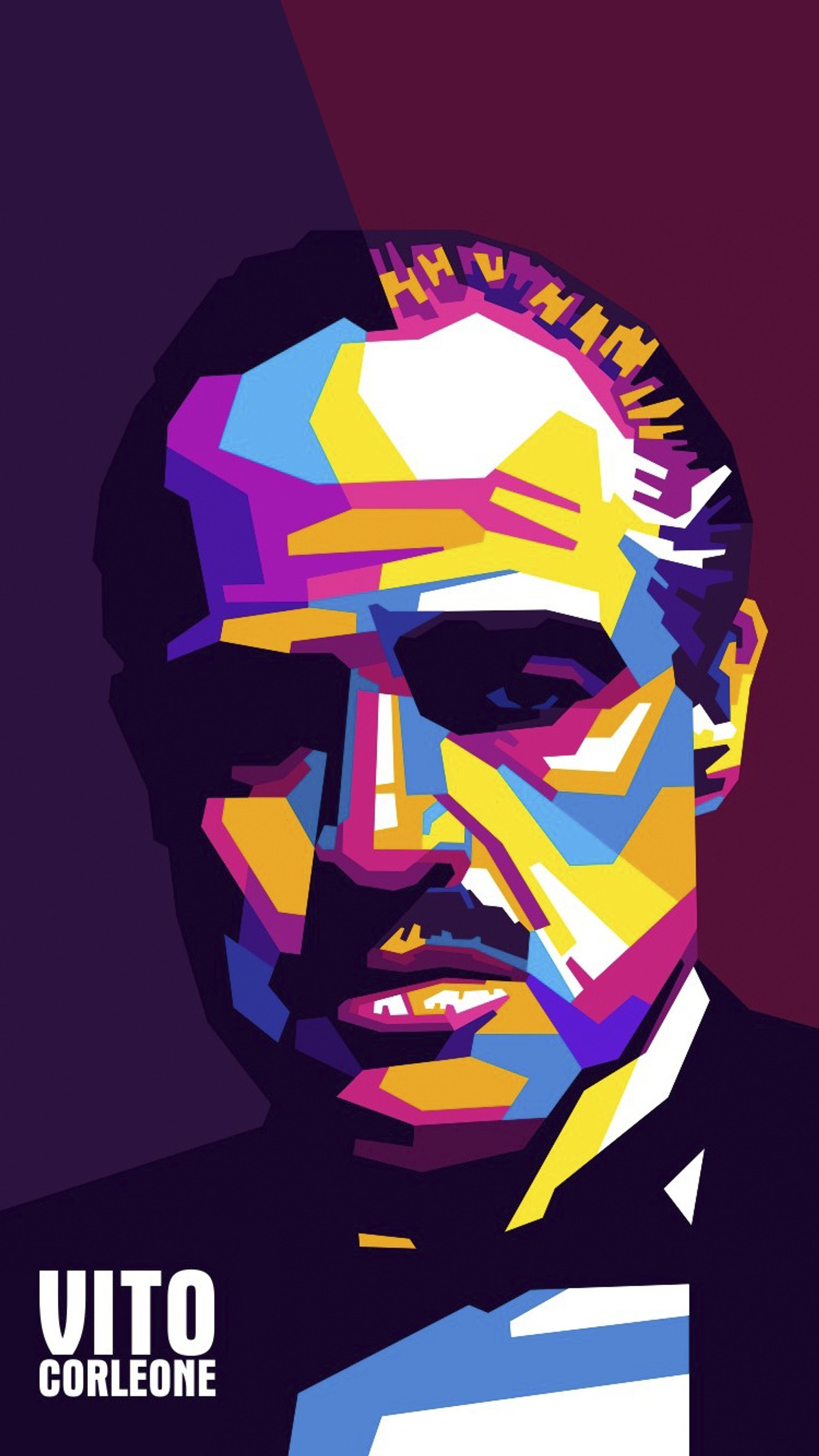 A close up of a man in a suit and tie with a colorful background (design, draw, movie, the god father, vito corleone)