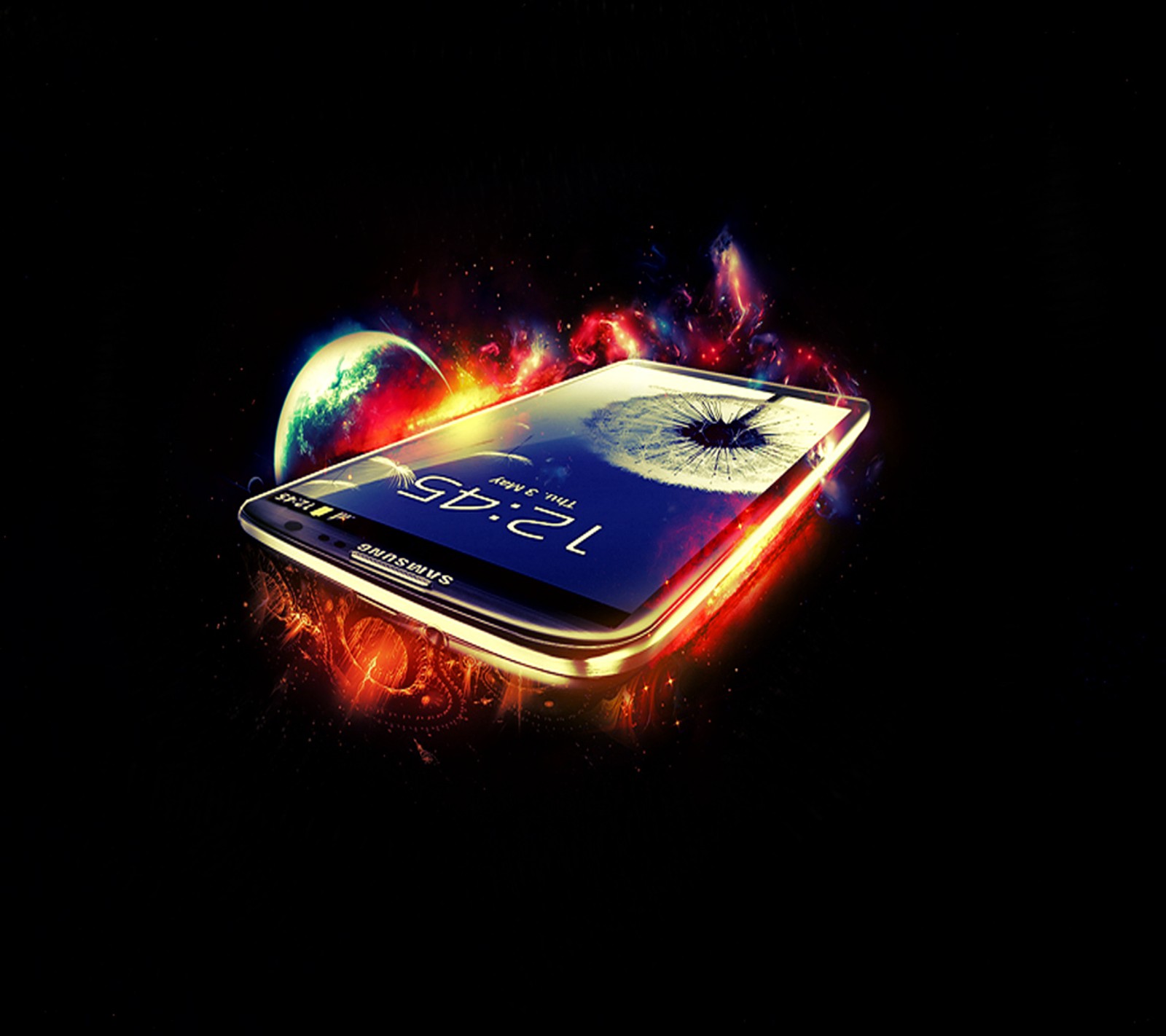 Arafed image of a cell phone with a glowing screen (android, samsung)