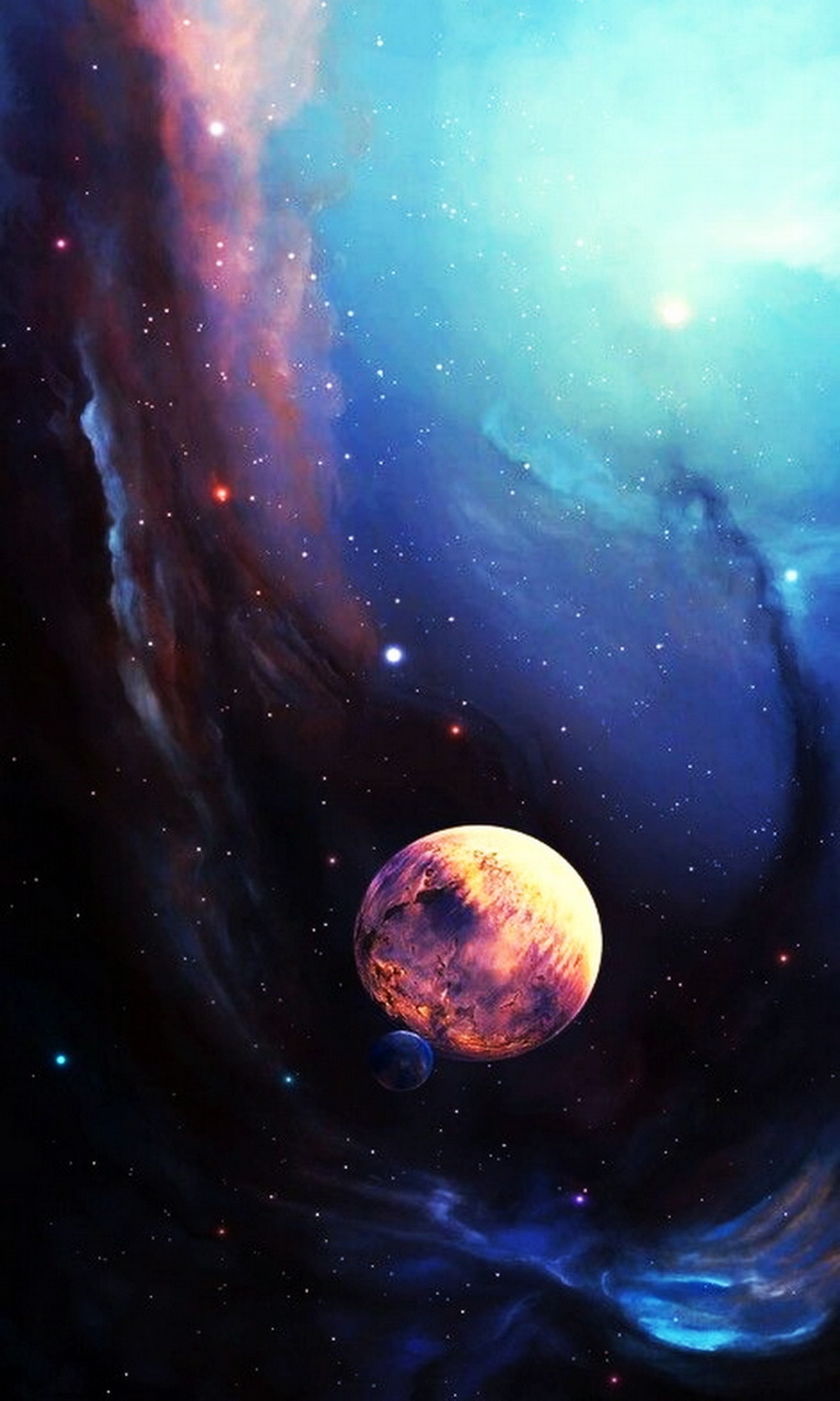 A close up of a planet in a galaxy with a star field (bright, carina, colorful, moon, nebula)