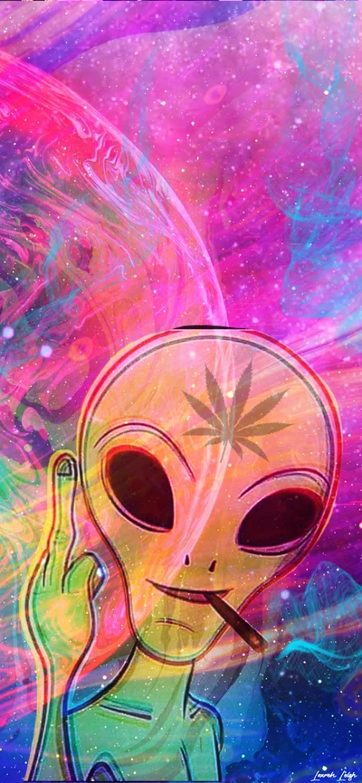 Extraterrestre colorido fumando en un paisaje galáctico