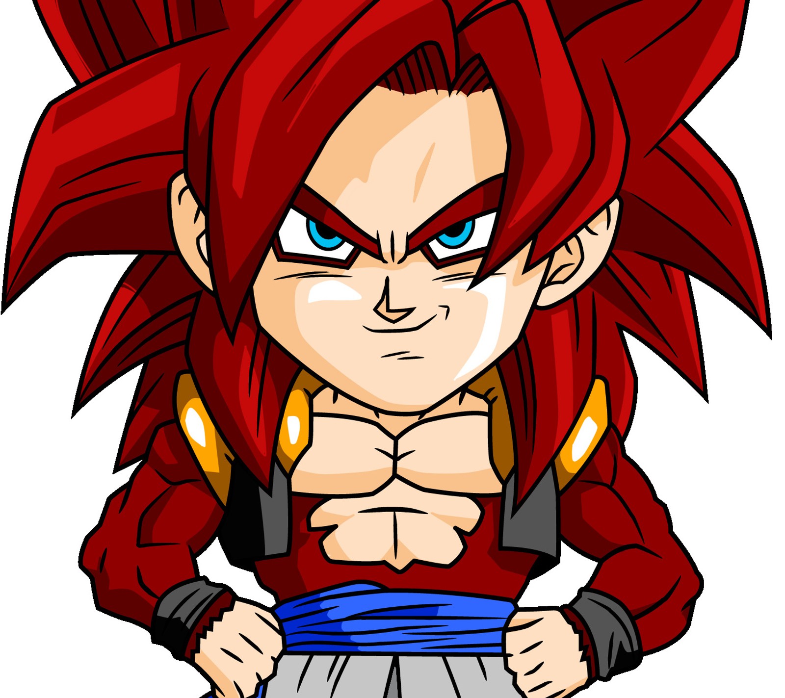 A cartoon of a young gohan with red hair and blue eyes (chibi, dbgt, dbz, dragon, fusion)