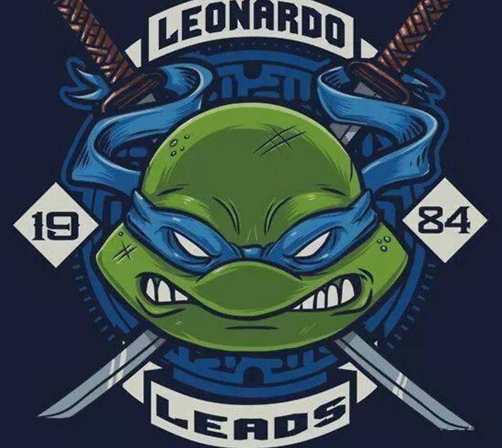 A close up of a tmnt logo with a green turtle (heroe, leonardo, ninja, turtles)