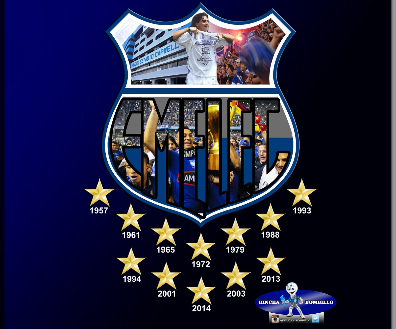 Um close do logotipo de um time de futebol com estrelas (azul, lâmpada, cse, emelec)