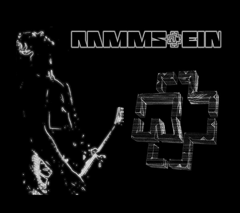 A black and white photo of a man holding a guitar (logo, rammstein)