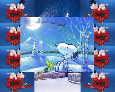 Scène de Noël fantaisiste avec Snoopy dans un pays d'hiver