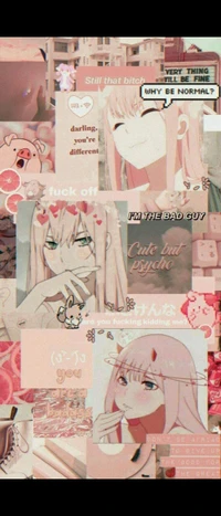 Collage of Zero Two from "Darling in the Franxx" featuring playful quotes and vibrant aesthetic elements.