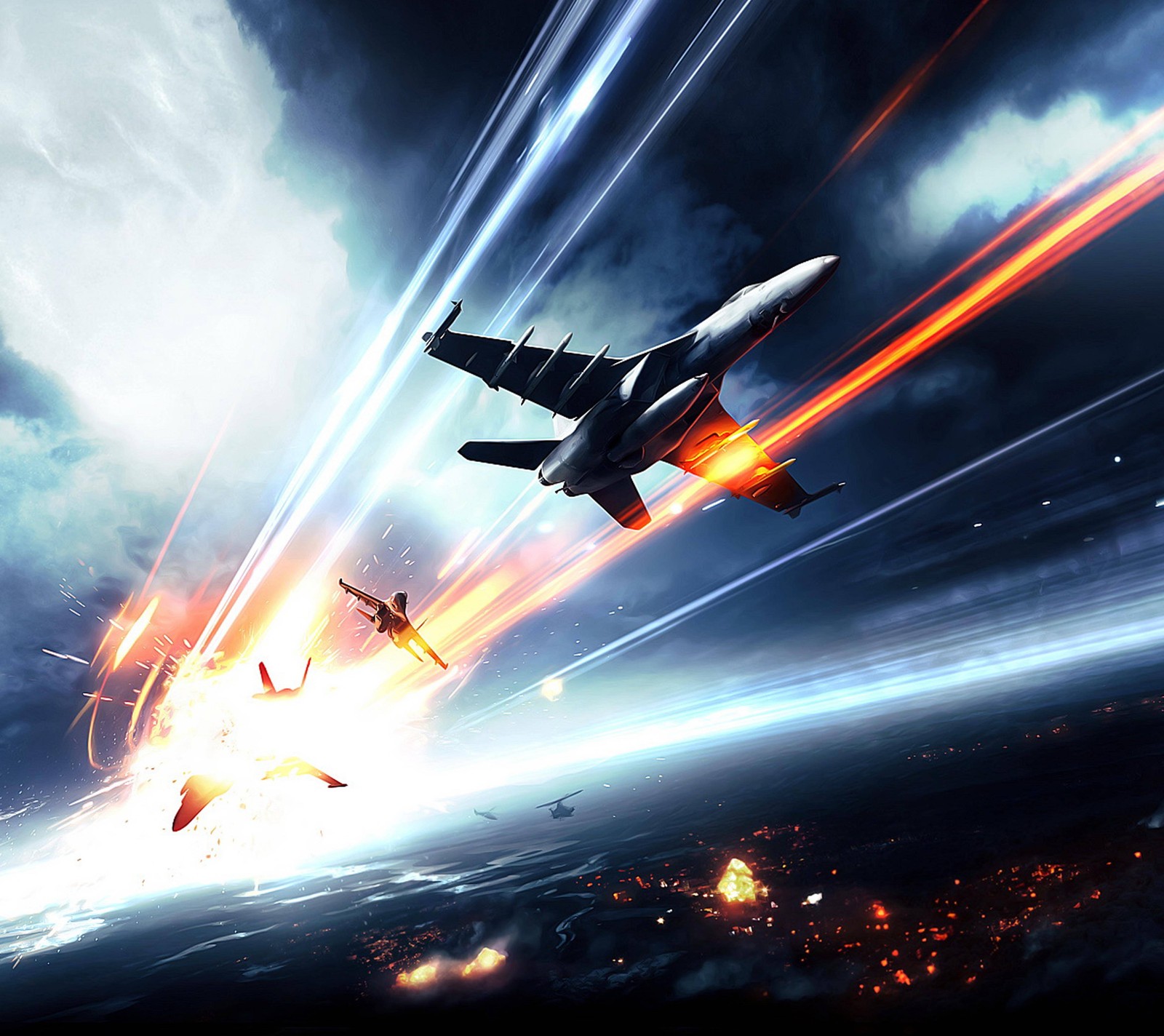 Spaceships flying over a planet with a jet flying through the sky (battlefield, games, war)