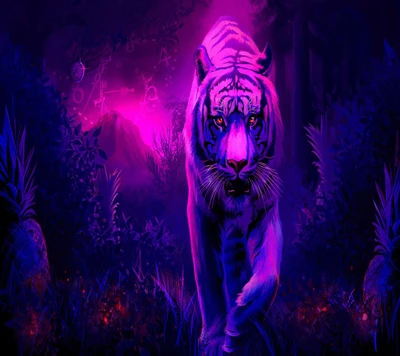 Tigre blanc majestueux illuminé de teintes violettes vibrantes, sur fond de forêt mystique.