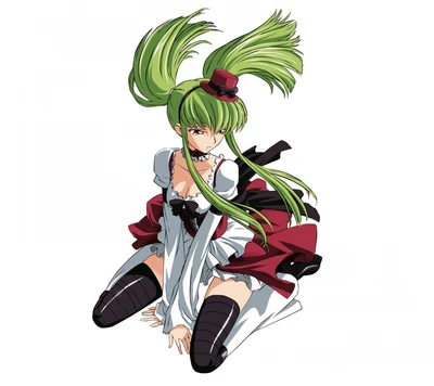 Fille d'anime de Code Geass avec des cheveux verts et une tenue élégante