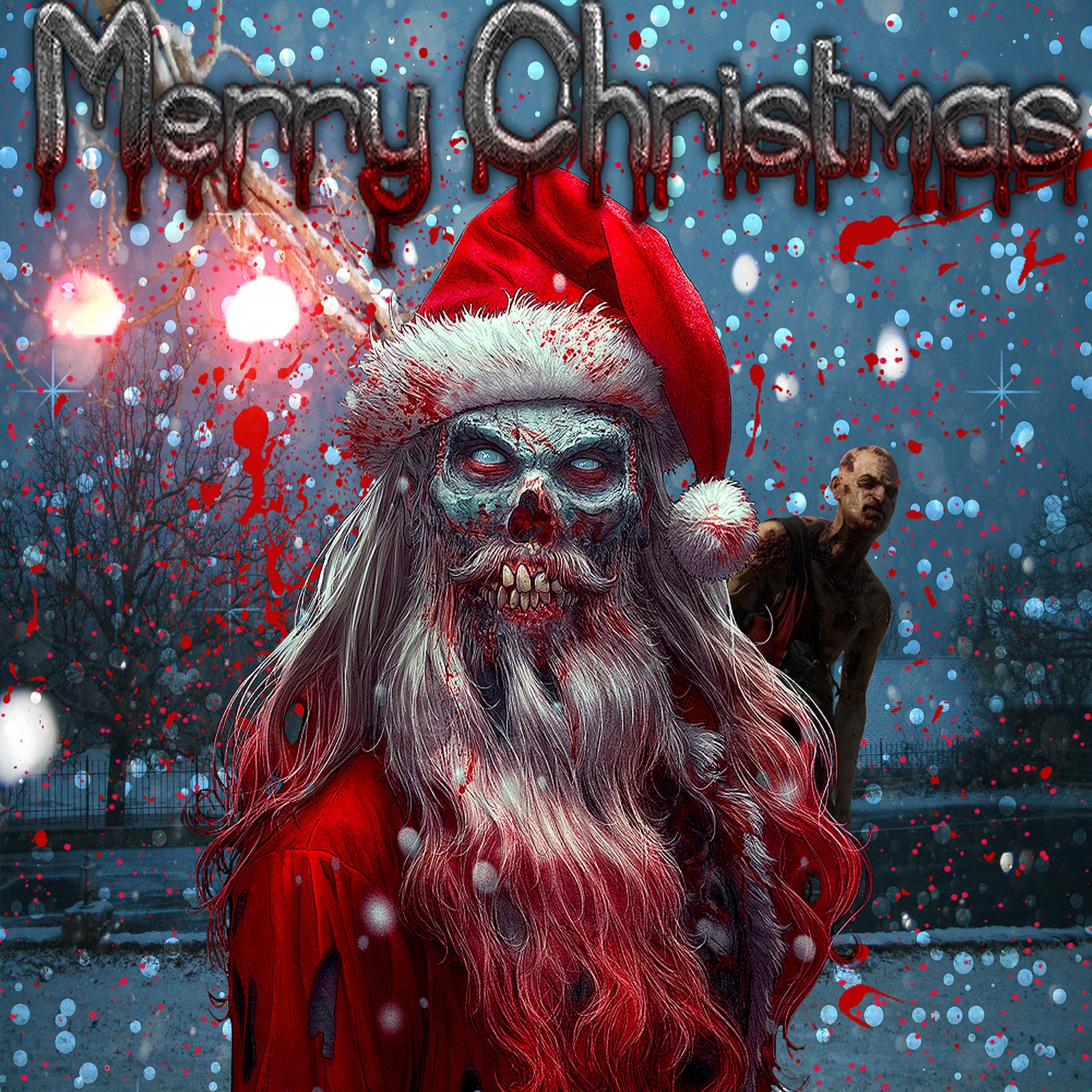 Frohe weihnachten, santa claus, und ein zombie, der durch den schnee geht (weihnachten, frohe feiertage, horror, frohe weihnachten, zombies)