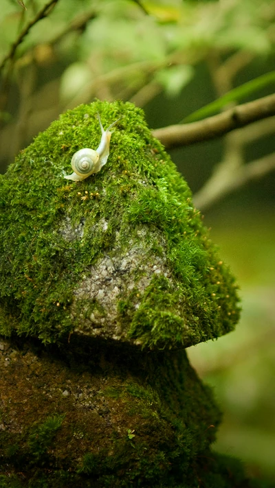 Caracol en una piedra musgosa en un bosque sereno