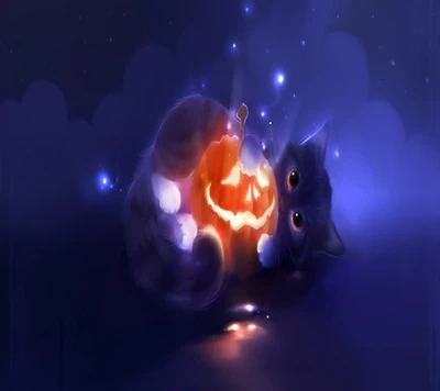 Playful Kitty with a Glowing Halloween Pumpkin