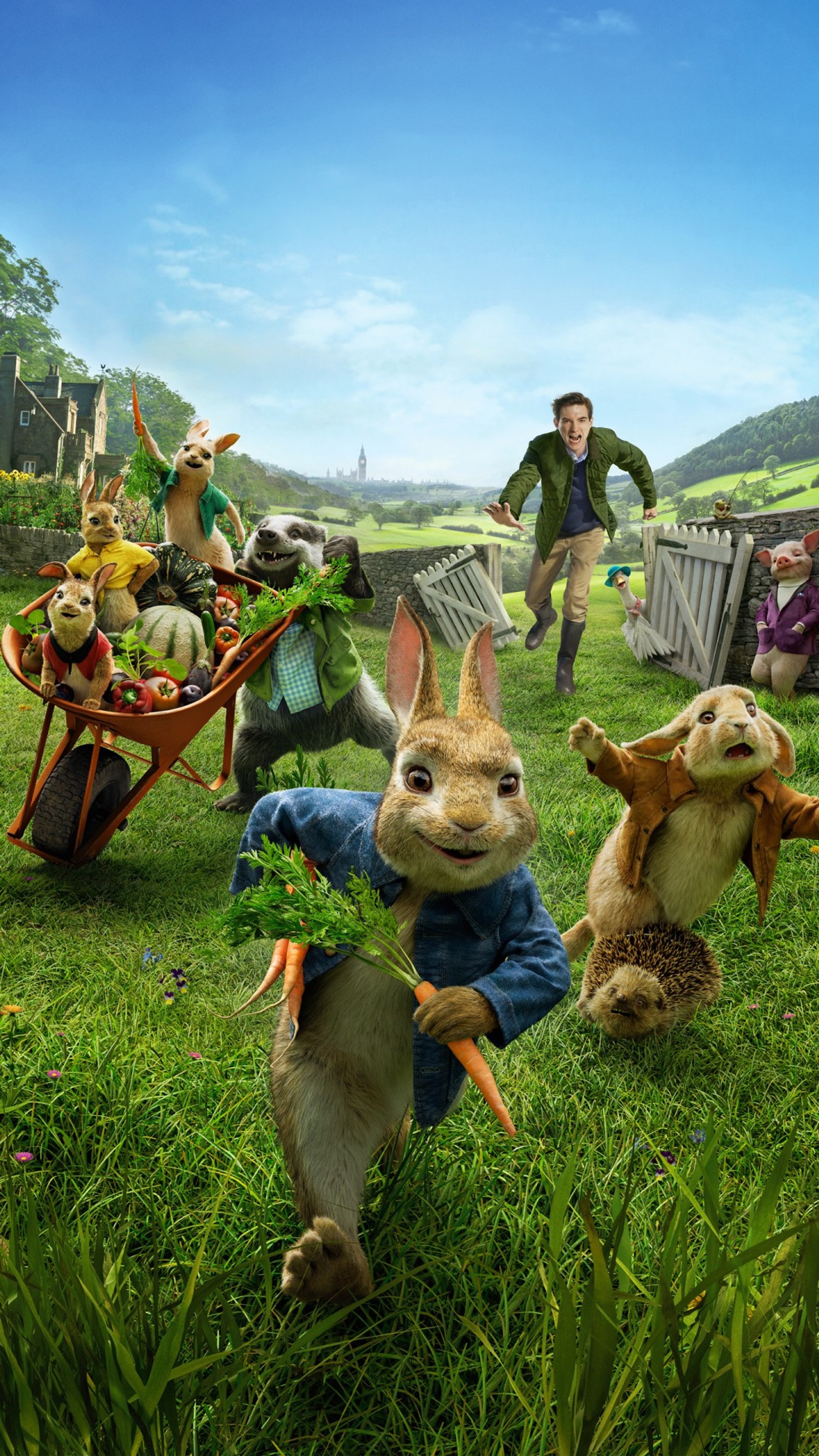 Image aérienne d'un groupe de lapins dans un champ avec un homme en chapeau (2018, film, peter rabbit)