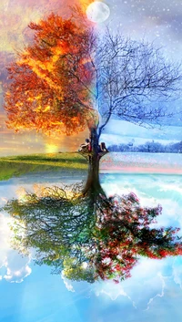 Un arbre symbolise les saisons changeantes, présentant des feuilles d'automne vibrantes d'un côté et un paysage hivernal serein de l'autre, avec un reflet miroir dans une eau calme.