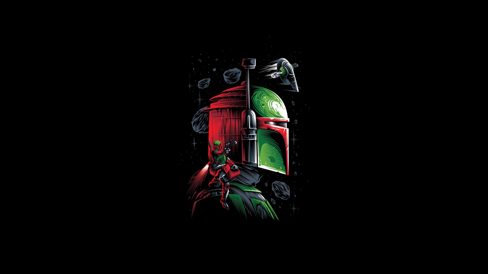 Un primer plano de un cartel de star wars con un casco (el mandaloriano, series de televisión, boba fett)