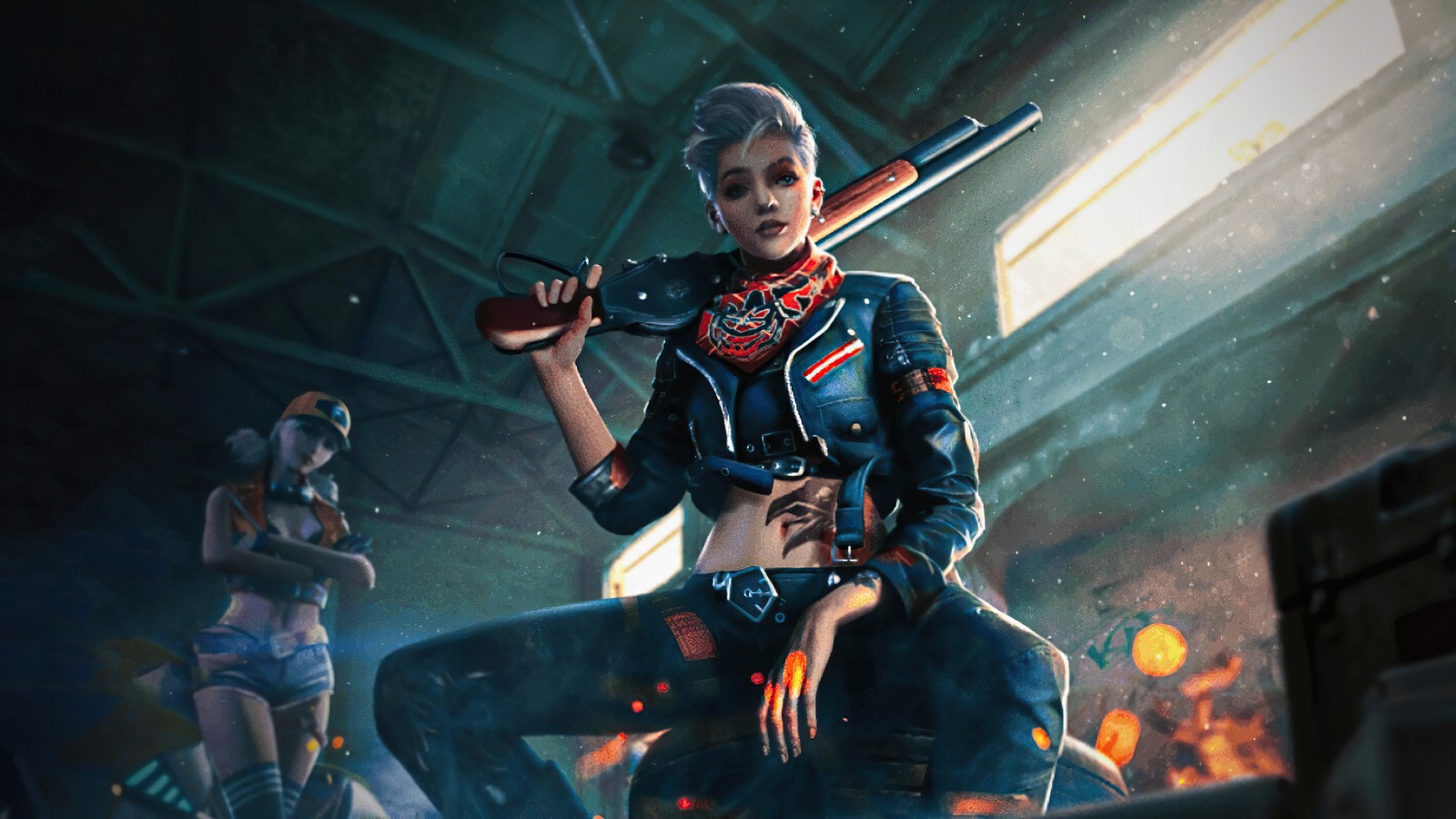 A woman in a leather jacket holding a gun and a gun (garena free fire, video game, notora)