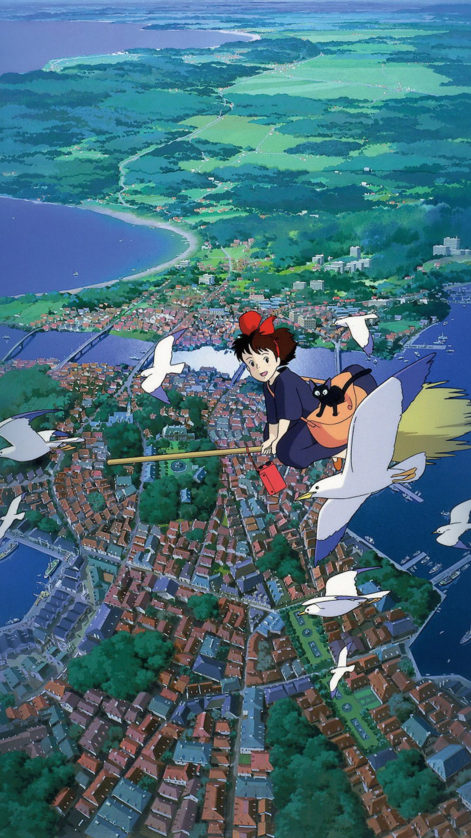 Image floue d'un cartoon survolant une ville avec un oiseau (anime, affiche, eau, monde, azur)