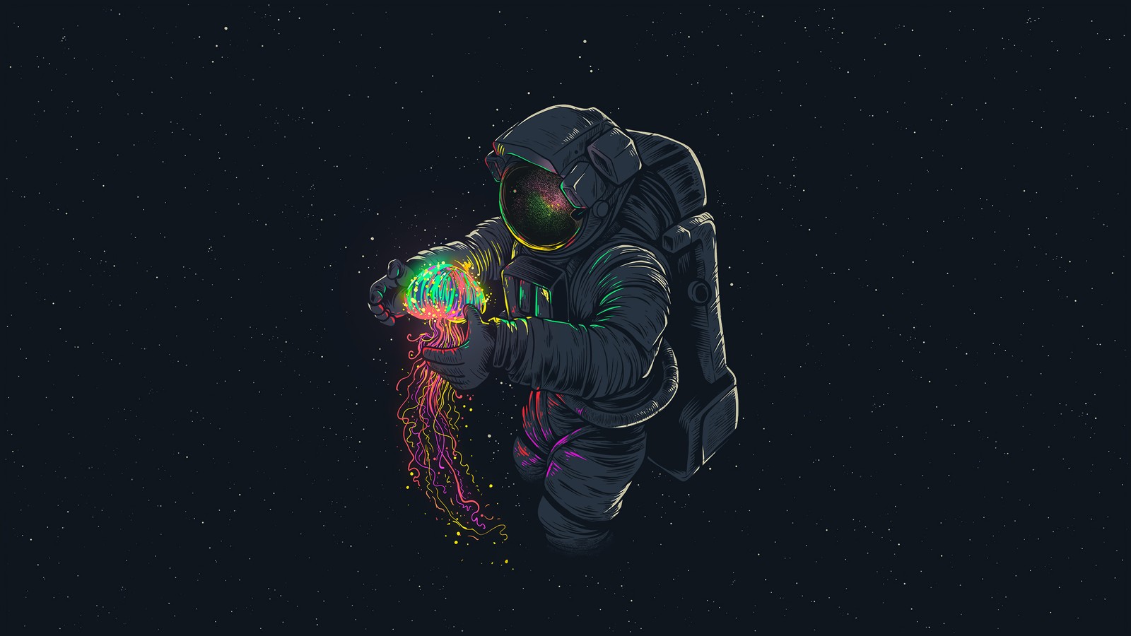 A close up of a person in a space suit holding a jelly (astronaut, jellyfish, space, digital art)