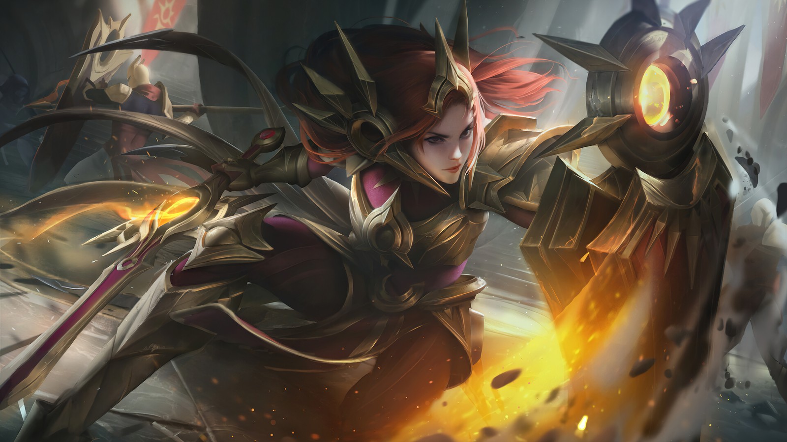 Una mujer con armadura sosteniendo una espada y fuego (leona, league of legends, lol, videojuego, arte)