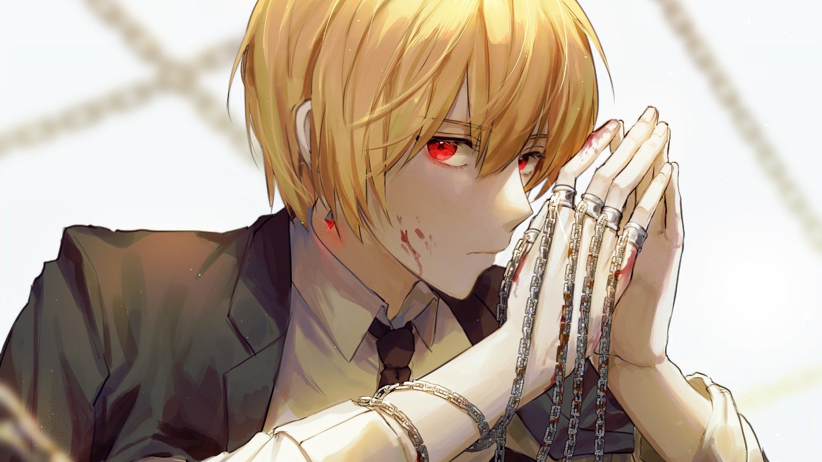 Anime, a man with blonde hair and red eyes is holding his hands together (kurapika, red eyes, scarlet eyes, hunter x hunter, anime)