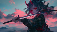 Fille d'anime féroce avec des cornes, tenant un katana contre un ciel dramatique