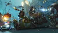 Roadhog e Junkrat em uma perseguição caótica de Overwatch