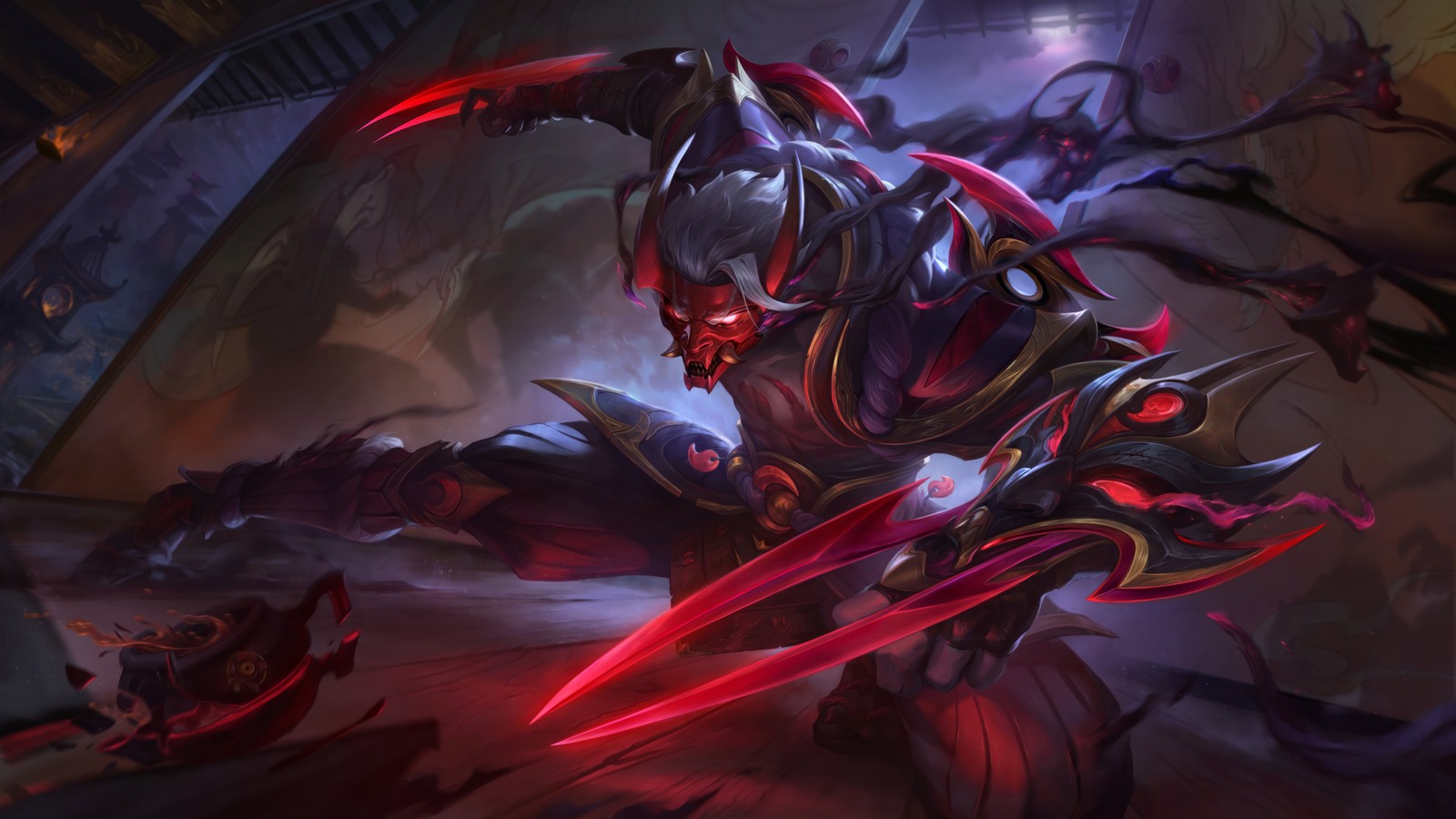 A close up of a demonic looking creature with a sword (blood moon, zed, skin, lol, league of legends)