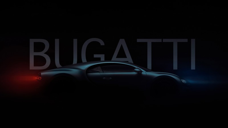 Логотип bugatti на тёмном фоне с автомобилем на переднем плане. (bugatti chiron, черный фон, гиперкары, 5k, черный темный)