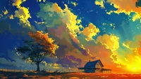 house, sunset, sky, clouds, scenery wallpaper