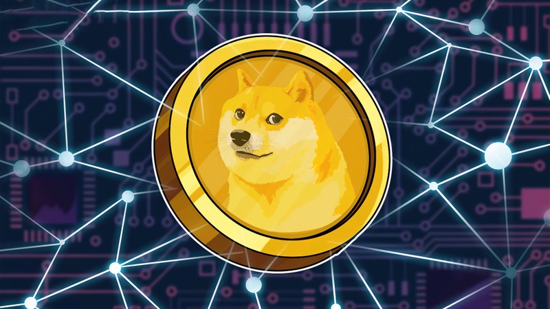 Монета dogeco с цифровым фоном (догикуин, криптовалюта, блокчейн, технология, цифровое искусство)