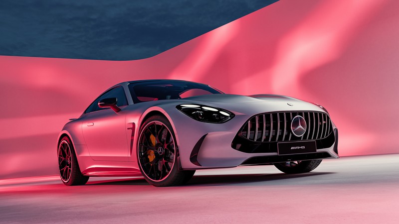 Mercedes amg gts купе освещено розовым светом (mercedes amg gt, cgi, спортивный автомобиль, машины, обои 4k)