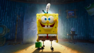 3D SpongeBob SquarePants with a cheerful smile, holding a green box, standing in a brightly lit room inspired by "The SpongeBob Movie: Sponge on the Run.