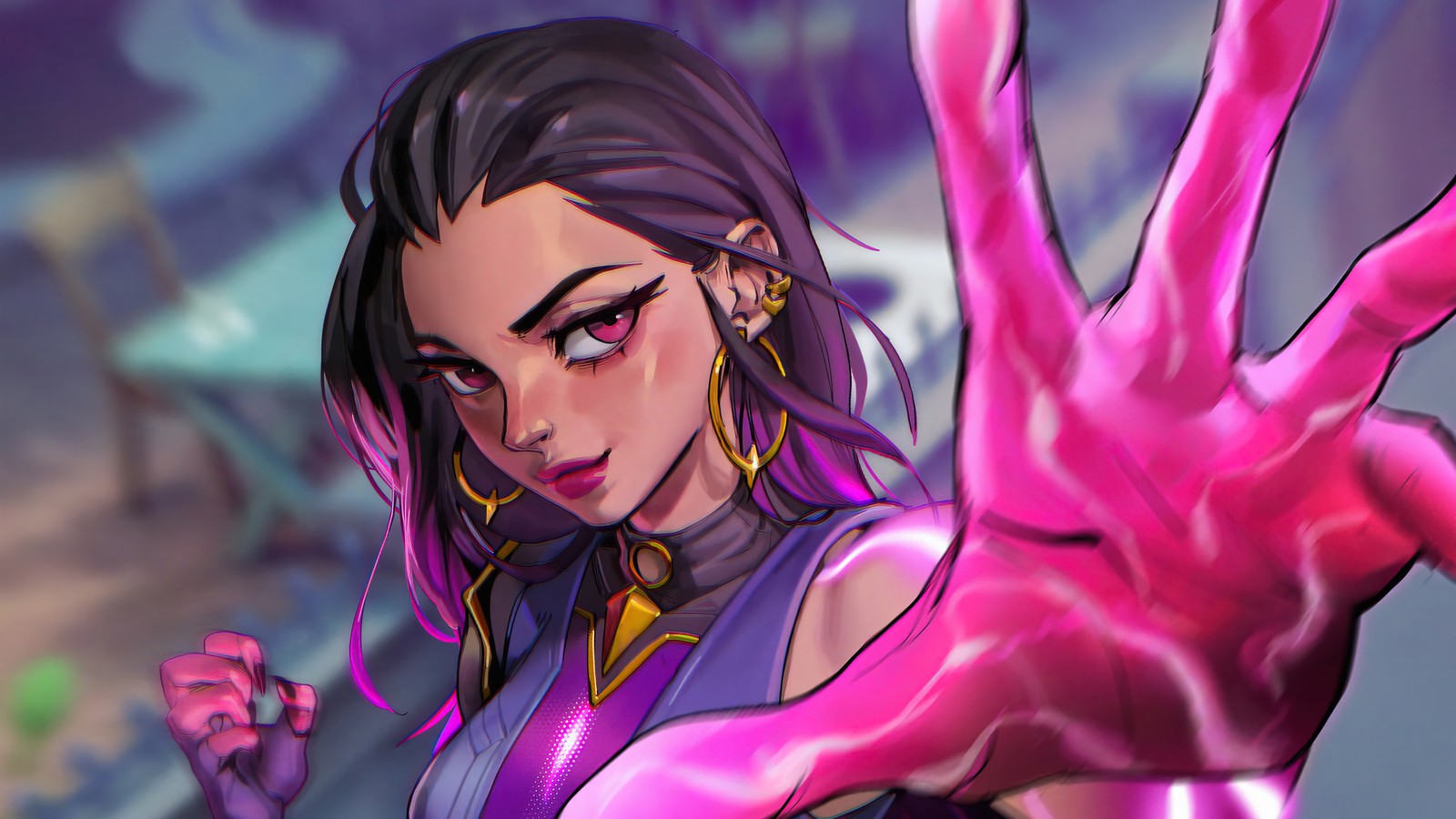 A close up of a person with a pink substance on their hand (reyna, valorant, video game, art)