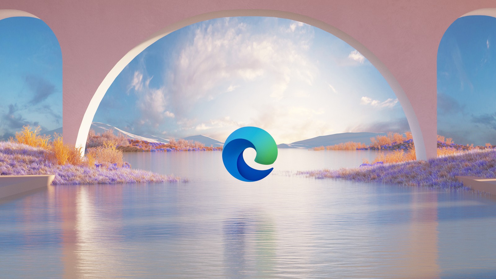 Un primer plano de agua con un fondo de cielo y un logo (microsoft edge, surrealista, paisaje, día, tecnología)