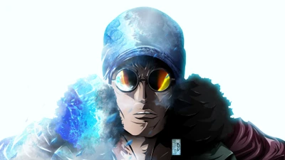 Kuzan from One Piece, emanating ice and cold, with a determined expression and distinctive sunglasses.