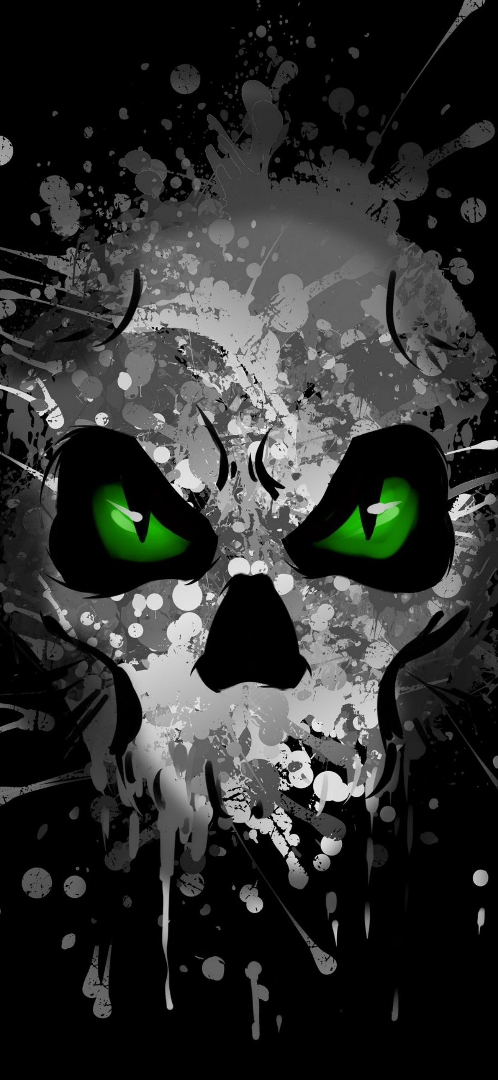 A close up of a skull with green eyes on a black background (graphic design, eye, green, black, painting)