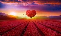 Heart-Shaped Tree Amidst a Vibrant Flower Garden at Sunrise