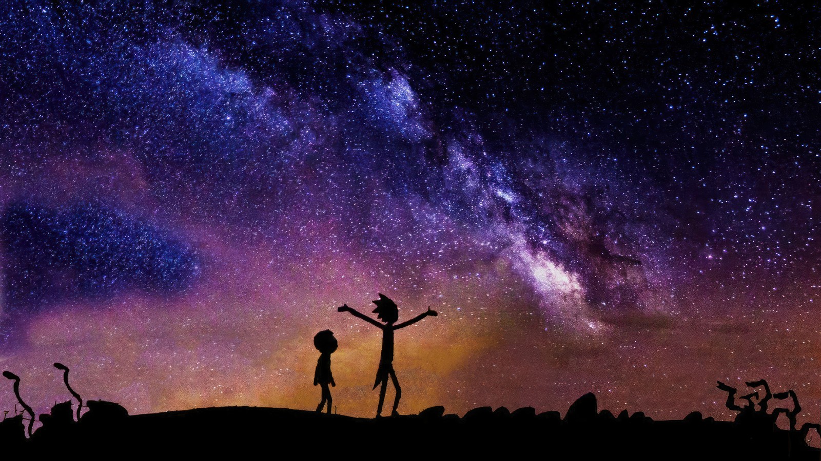 Silhouette of two people standing on a hill with their arms raised in the air (rick and morty, tv series, cartoon, rick sanchez, morty smith)