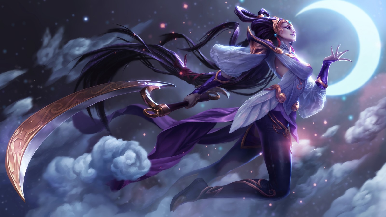 Uma mulher em um vestido roxo segurando uma espada no céu (diana, deusa lunar, pele, league of legends, lol)