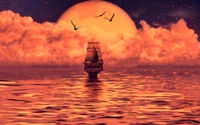 Dreamlike Voyage: A Ship Under a Fiery Sunset with Soaring Birds