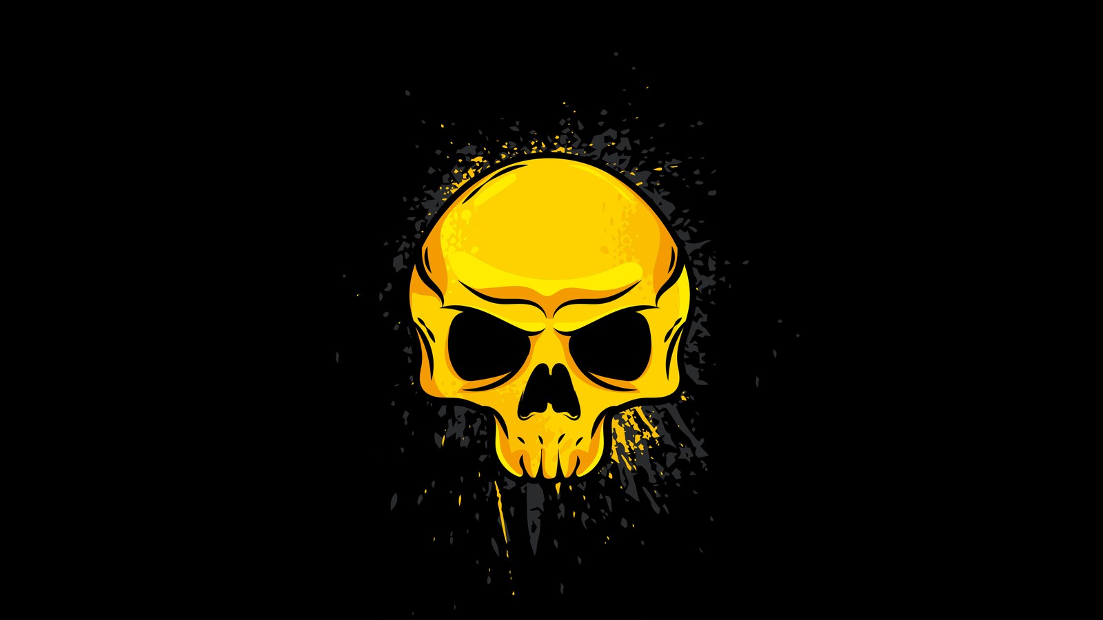 Un primer plano de un cráneo con cara amarilla sobre un fondo negro (calavera, hueso, amarillo, ilustración, logotipo)