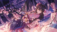 Fille d'anime enchanteresse en kimono entourée de fleurs de cerisier