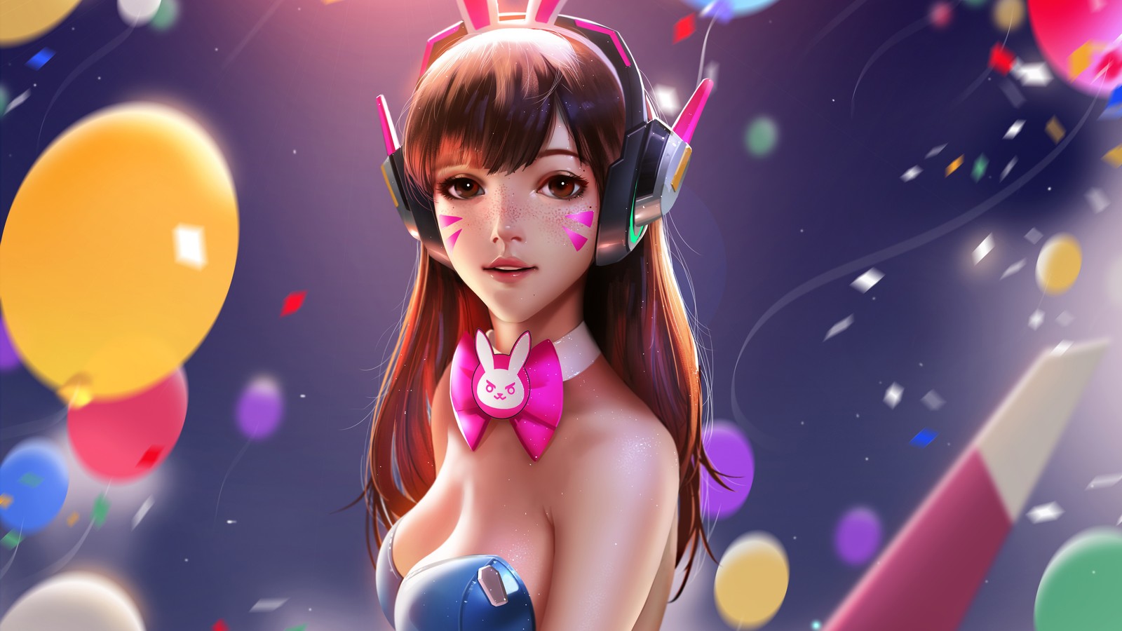 A woman with headphones and a pink dress is surrounded by balloons (dva, overwatch, video game)