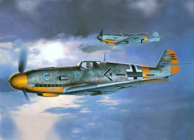 Messerschmitt Bf 109 em voo, mostrando seu design icônico e sua importância militar durante a Segunda Guerra Mundial.